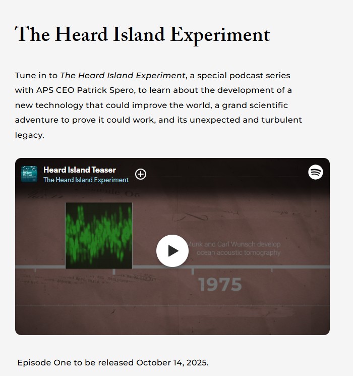 AmPhilSociety's tweet image. Mark your calendars for the release of a special podcast series from the APS! 

The first episode of The Heard Island Experiment will be available wherever you get your podcasts on October 14th.  amphilsoc.org/podcasts-aps#p…

#podcasts #knowledge #science