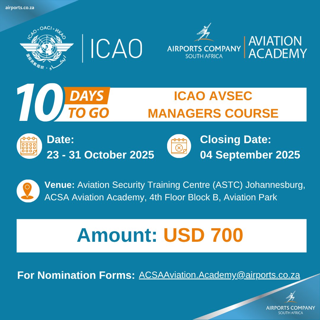 ⏳ 10 Days to Go! ✈️

The countdown is on to our ICAO AVSEC Managers COURSE! 

The ICAO AVSEC Managers Course (ASTP), a seven-day course is designed to provide aviation security personnel at managerial level to plan, coordinate and implement the application of airport security