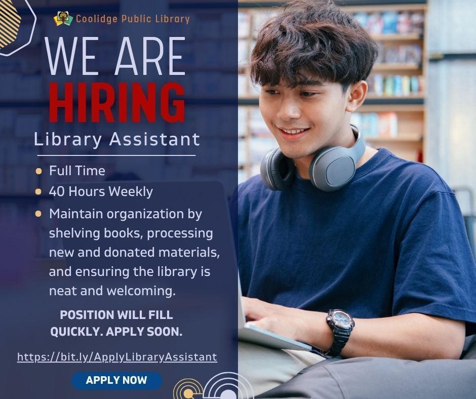 Ever wonder what it’s like to work at a library? As a Library Assistant at the Coolidge Public Library, you’ll help keep things running smoothly from checking out books to supporting programs and greeting patrons with a smile.

Apply today: bit.ly/ApplyLibraryAs…