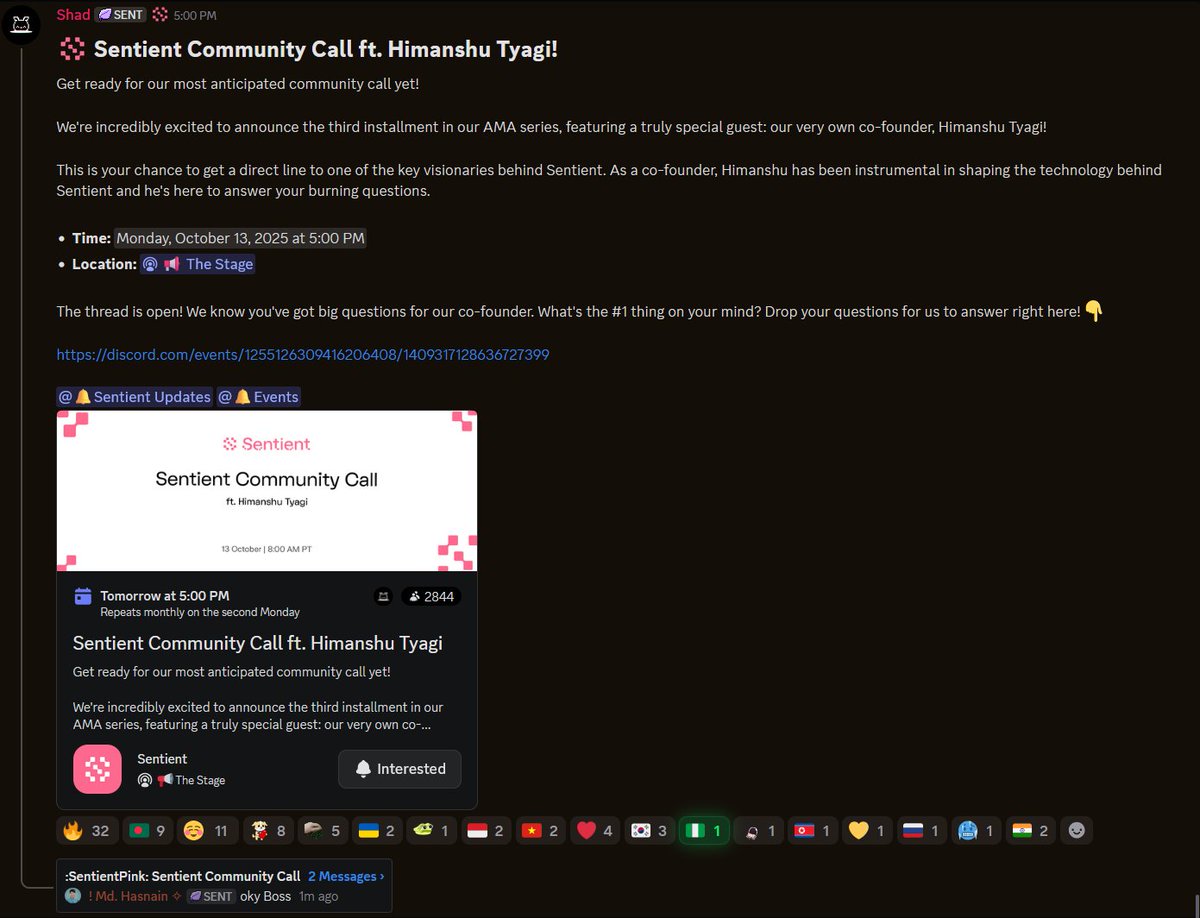 You gotta be excited for this atp

Sentient Community Call ft. Himanshu Tyagi!

This Will be the most anticipated sentient community call yet!

So <a href="/SentientAGI/">Sentient</a> announced the third installment in the AMA series, featuring a truly special guest: the co-founder, Himanshu Tyagi!

You