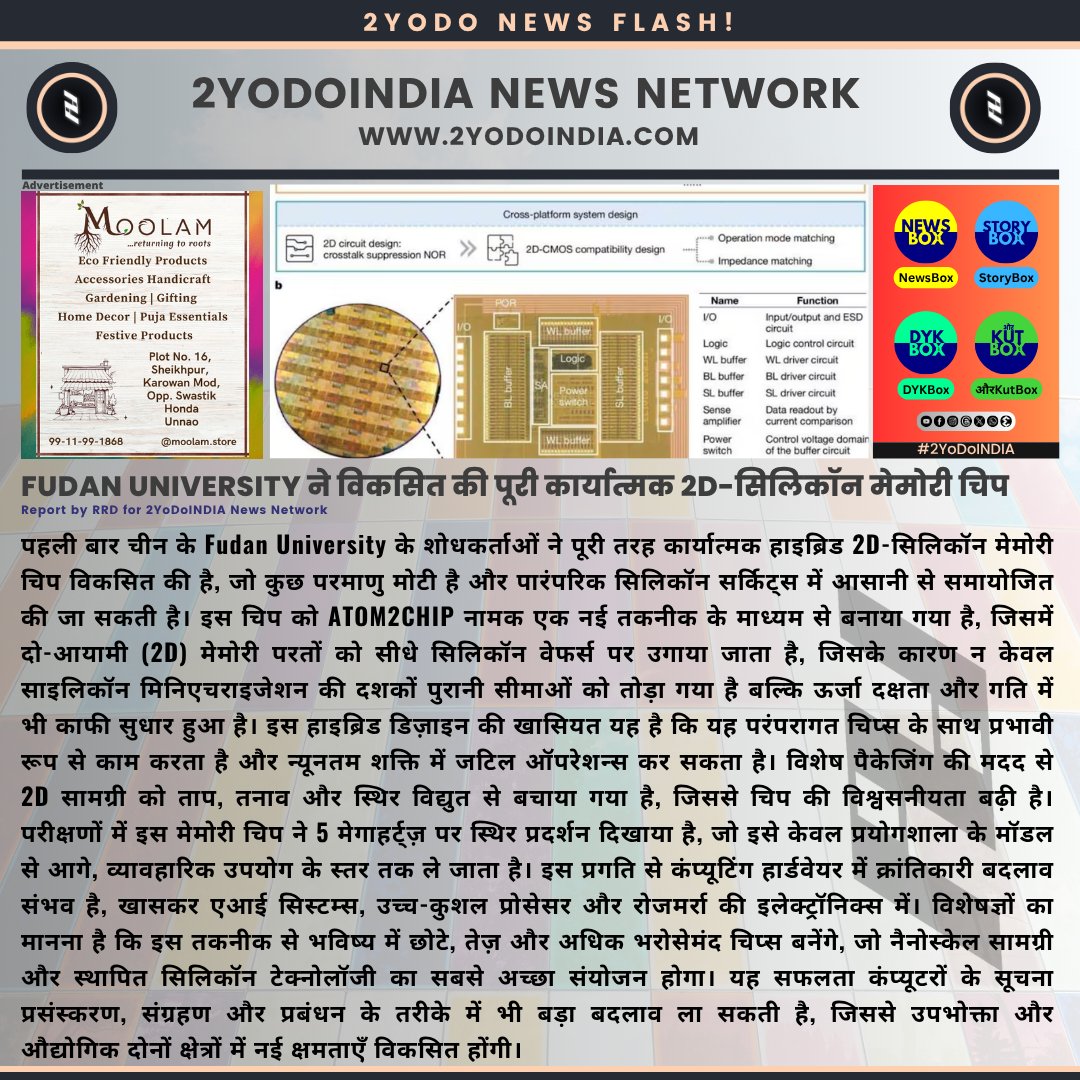2yodoindia's tweet image. Fudan University ने विकसित की पूरी कार्यात्मक 2D-सिलिकॉन मेमोरी चिप | Fudan University Creates First Fully Functional Hybrid 2D-Silicon Memory Chip

#2YoDoINDIA #Science #Computing #Chip