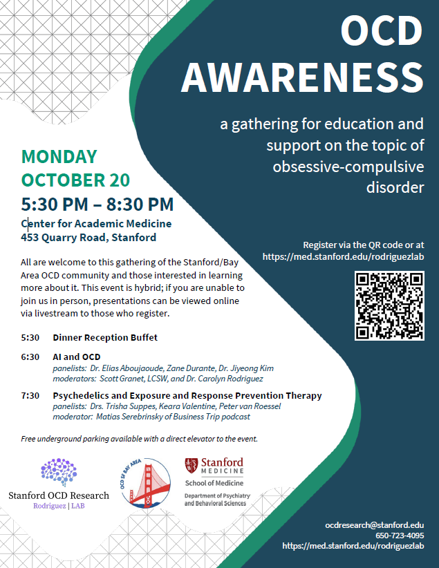 CRodriguezMDPhD's tweet image. For #OCDweek we are excited to host our annual FREE OCD Awareness event (AI, psychedelics, &amp;amp; ERP) @Stanford Center for Academic Medicine on Monday, October 20th 5:30-8:30pm!! (Hybrid)
Co-hosted w/ @IOCDF affiliate SF Bay Area and Dept of Psych &amp;amp; @RodriguezLabSU  
Register today👇