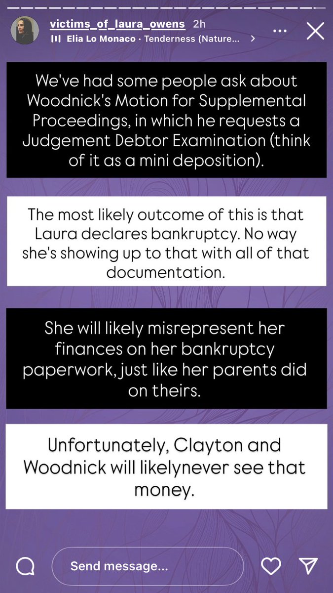 From the VOLO Instagram, some information on Gregg Woodnick's Motion for Supplemental Proceedings (asking the court to require #LauraMichelleOwens to appear for a Judgment Debtor Examination) in the Owens v. Echard paternity case. Laura will most likely choose to declare