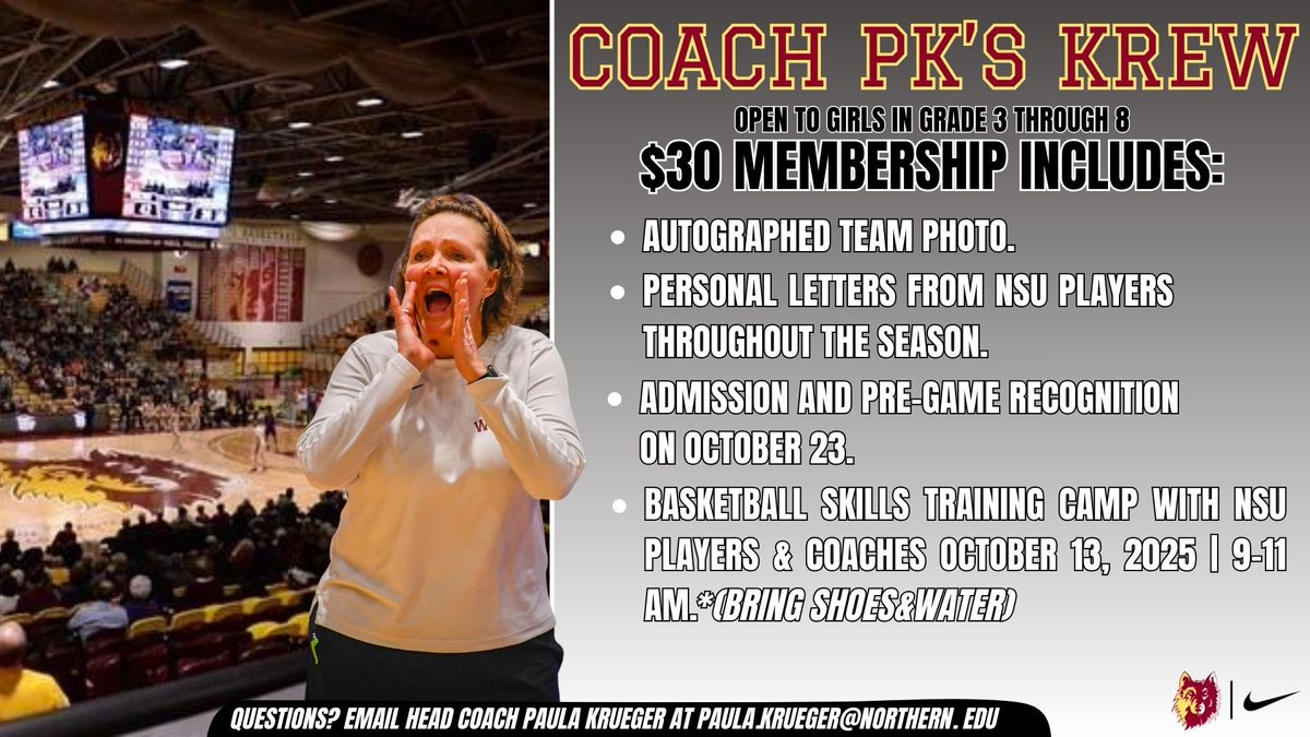 nsuwolves_wbb's tweet image. Wolves Nation🐺,

We’re excited to see you at the PK’s Krew Clinic on Monday, October 13th, 2025!

📍 Location: Barnett Center – Wachs Arena
🕣 Check-In: Begins at 8:30 AM
🏀 Clinic Time: 9:00–11:00 AM

Walk-ins are welcome — just bring $30 (cash or check) at the door!

#GoWolves