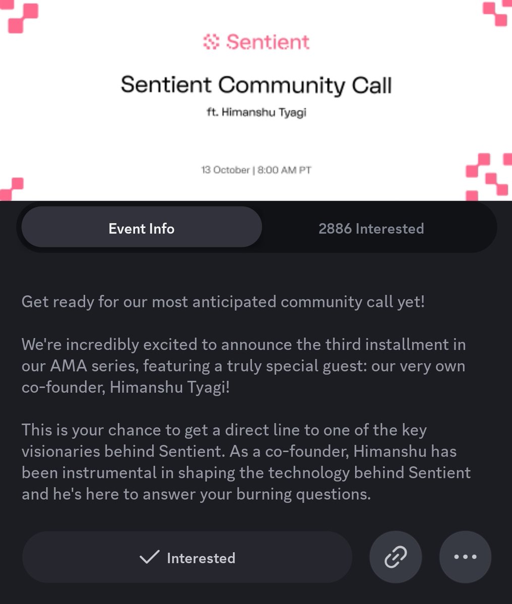 CortexRevolt's tweet image. If you have been contributing to @SentientAGI , making contents is not enough. 

It is important to also participate in activities like Galxe task and discord events.

There will be a community call tomorrow on Sentient discord featuring Himanshu Tyagi. 

Himanshu is one of the…