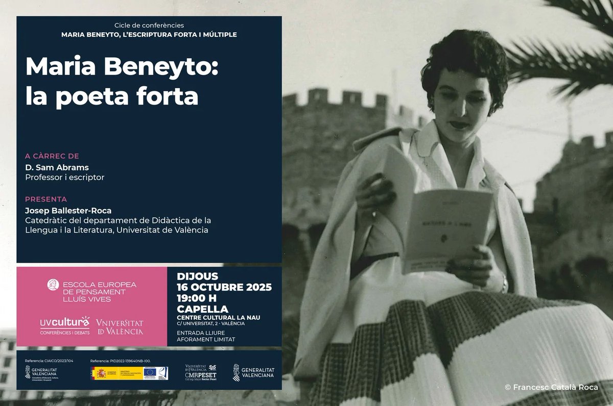 El proper dijous,
dia 16, a la Capella de la Sapiència del <a href="/LaNauuv/">UVcultura / La Nau</a>
a les 19 hores,
conferència de D. Sam Abrams al voltant 
#mariabeneyto