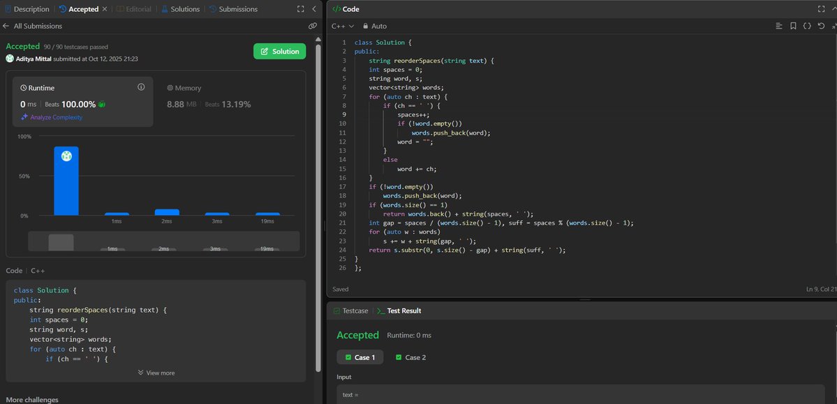 Aditya_Mittal_'s tweet image. Day -57 of #100DaysOfCode solved: 
Problem: 1592. Rearrange Spaces Between Words on #leetcode