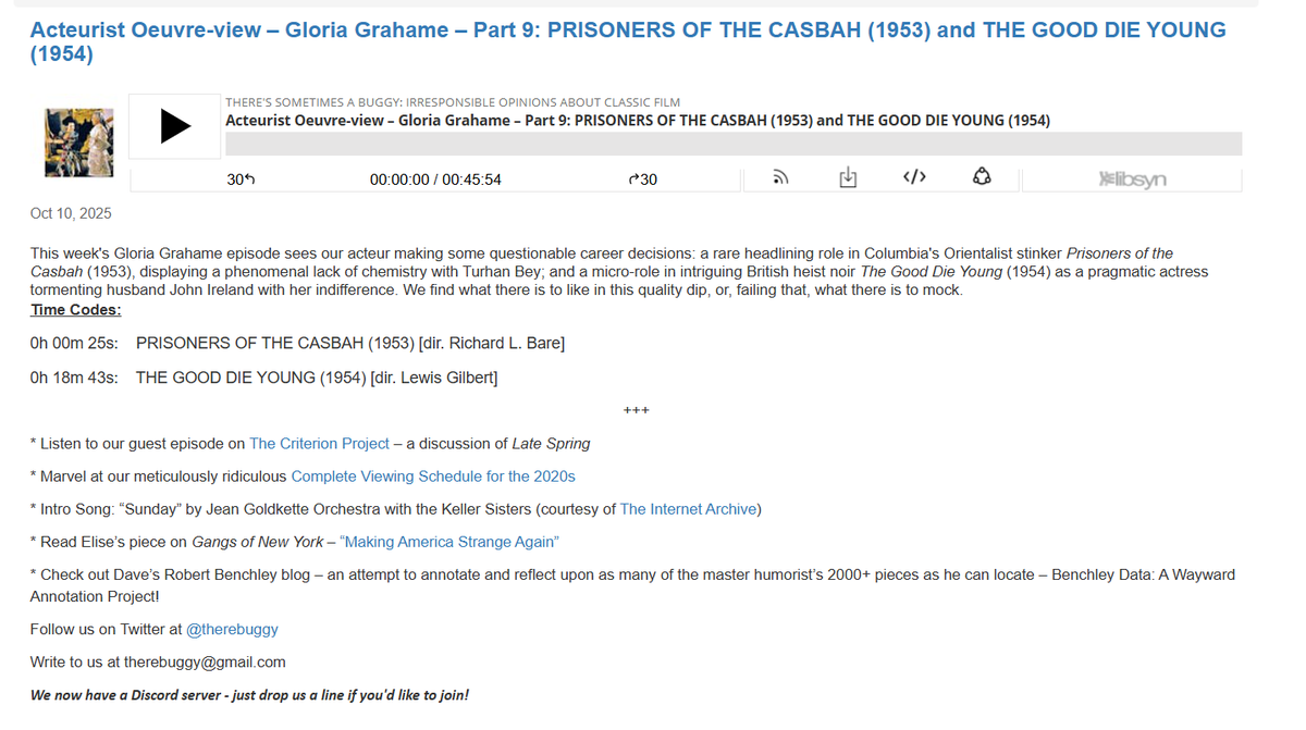 milescoverdale's tweet photo. The latest entry in our podcast series on the career of the great Gloria Grahame - PRISONERS OF THE CASBAH (1953) and THE GOOD DIE YOUNG (1954).
https://t.co/rbyeQFh5Dt https://t.co/7kgSo6dDC2