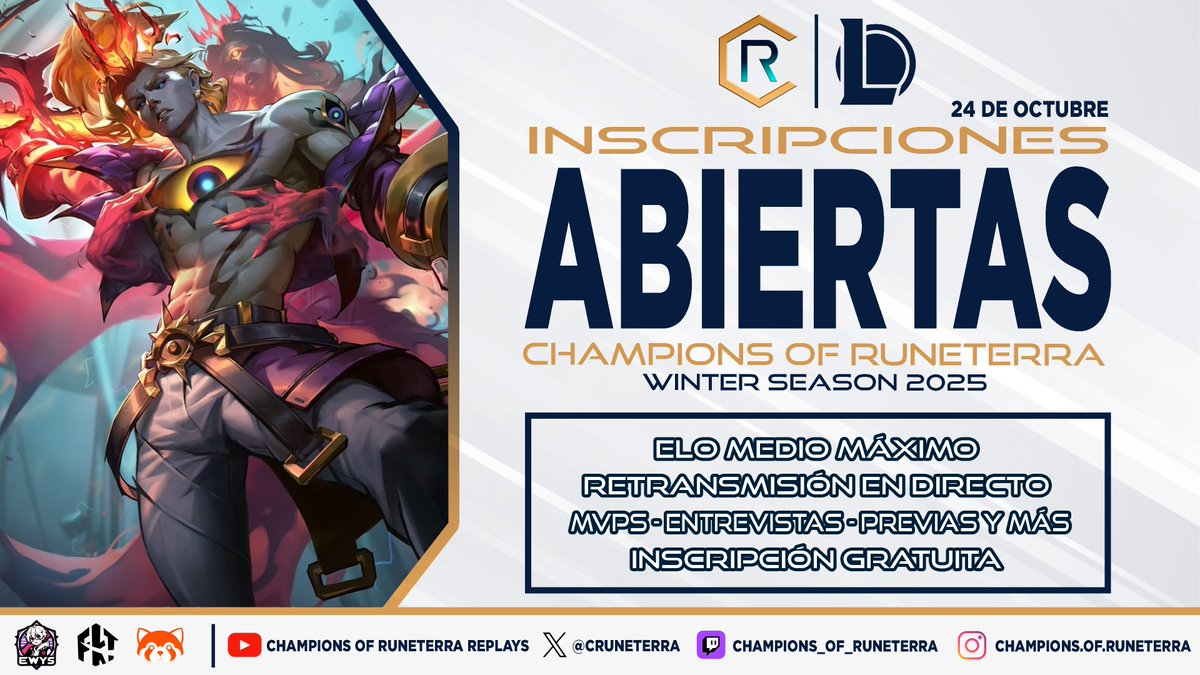 🔹 ¡CHAMPIONS OF RUNETERRA WINTER SEASON VUELVE UNA VEZ MÁS! 🔹

A partir de hoy están abiertas la inscripciones hasta el 24 de Octubre ¡Hay plazas limitadas! 🏆

Si no tienes equipo únete al mercado de fichajes 👥

🔵 Formulario de Inscripción
forms.gle/y8J6iJPSZveLMR…