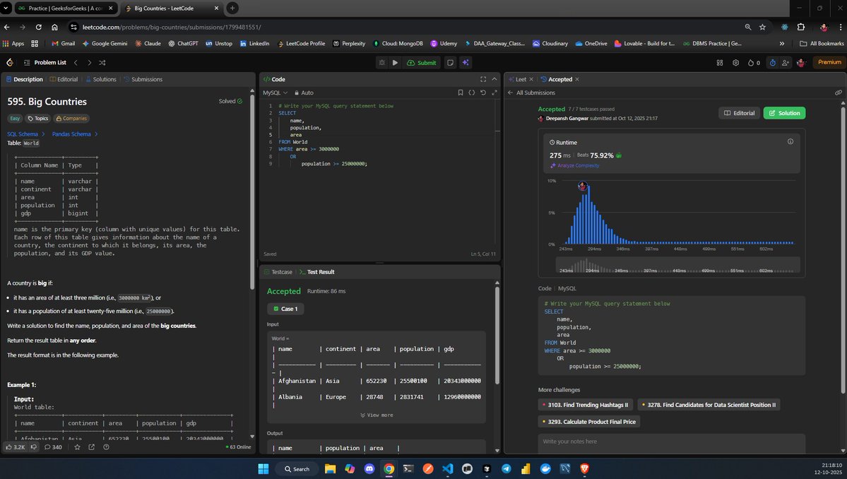 it_deepansh7037's tweet image. 🚀Day 06: MySQL + LeetCode Learning Journey 
Today I learned: 
Solved a LeetCode SQL problem: A country is big [595] 
Question for you: What’s your favorite SQL trick or function? Reply and let me know — I’ll RT the best answers! 
#100DaysOfCode #MySQL #SQL #LeetCode #Developers