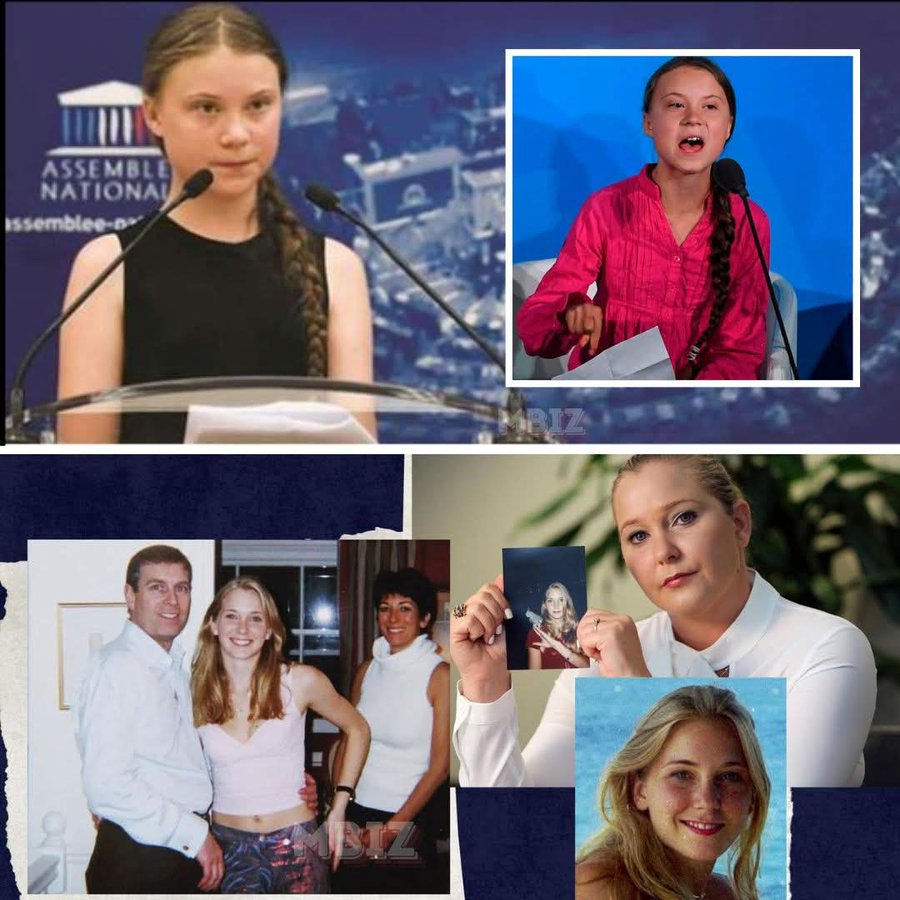Collage of four panels: top left shows Greta Thunberg speaking at a podium with United Nations Youth Assembly backdrop and blue banner; top right displays her face close-up in blue attire; bottom left depicts her on stage in black top with braided hair addressing audience; bottom right features a group photo of a man in suit, young blonde woman in white top, another woman in white top holding a photo of a young blonde girl, and a smiling blonde woman in white top, with additional small images of a woman in pink top and another in patterned top.
