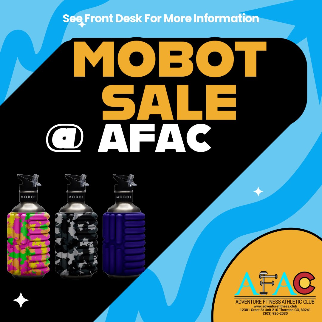 AdventureFT's tweet photo. Hydrate smarter, recover faster! 💦💪
MOBOT Foam Roller Water Bottles are on sale now at Adventure Fitness Athletic Club in Thornton, CO! The perfect combo for fitness lovers on the move. 🔥
#AdventureFitnessAthleticClub #personaltraininginthornton #gymsinthorntonco #MOBOT https://t.co/47qh76w41k
