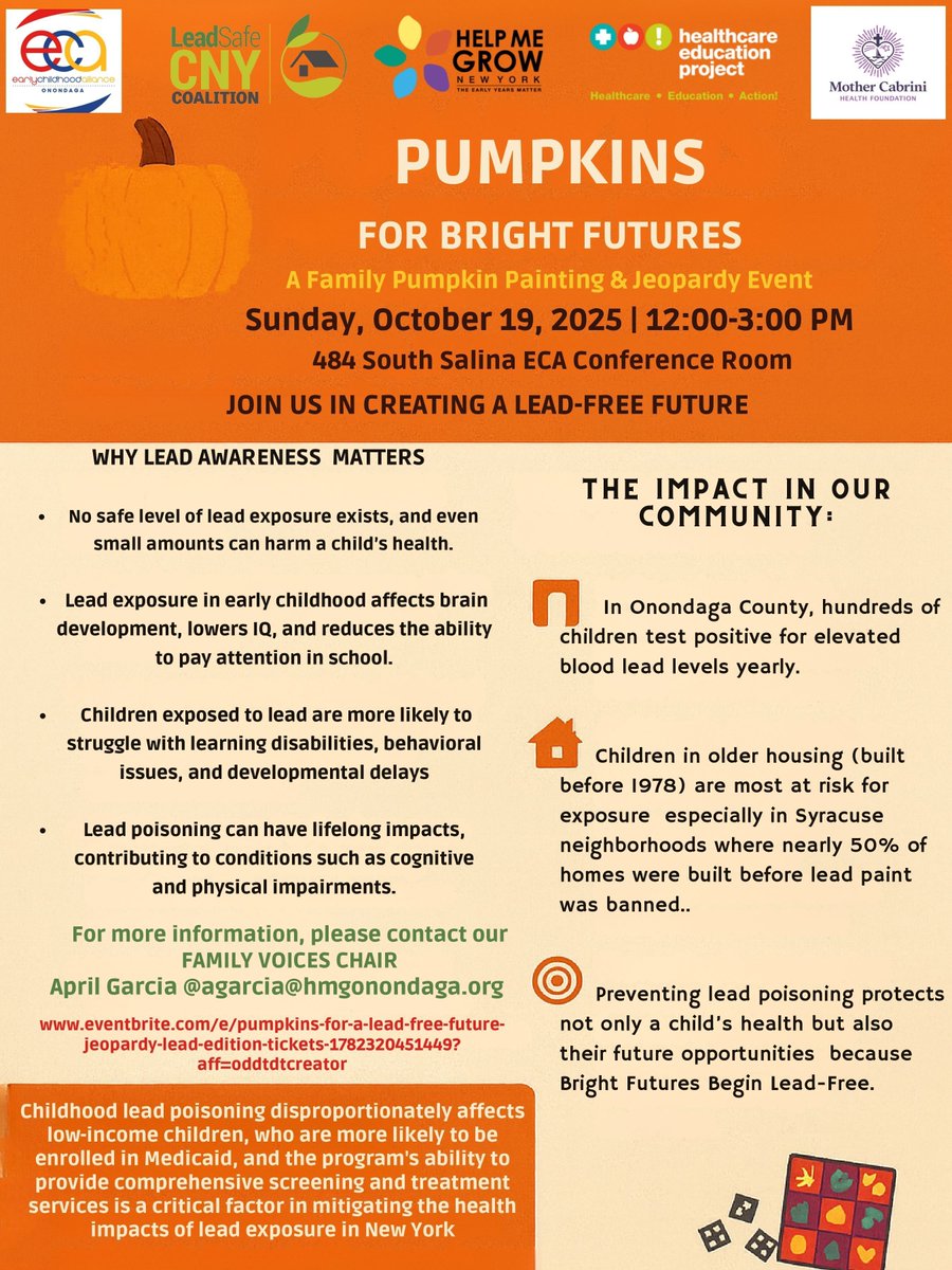 🎃 Join us for Pumpkins for Bright Futures — a Family Pumpkin Painting &amp; Jeopardy Event on Oct 19, 2025 | 12–3 PM at 484 S. Salina St. 💜

Learn lead awareness matters and help build a lead-free future!

Info: April Garcia — agarcia@hmgonondaga.org

#LeadFreeFuture #BrightFutures