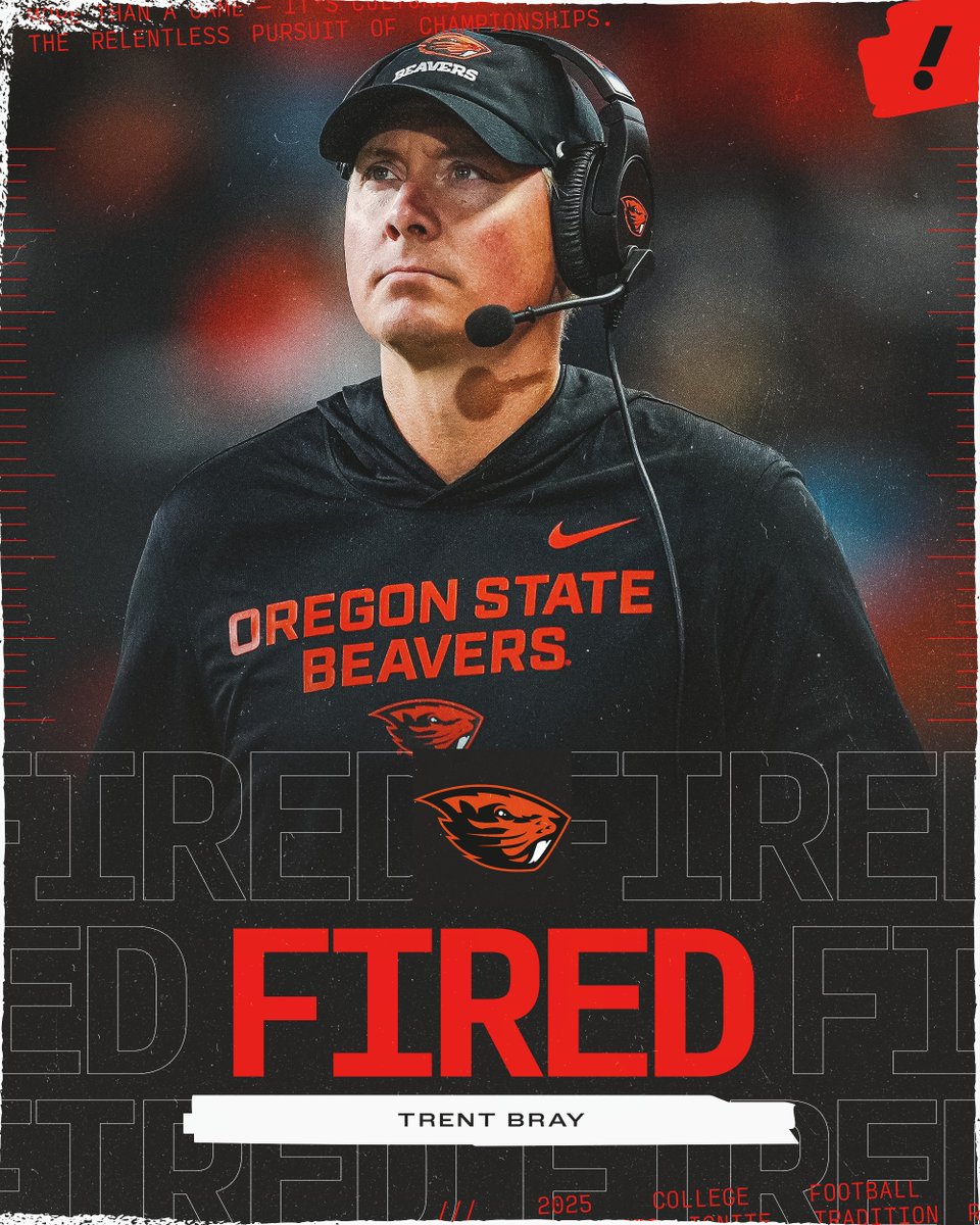 YahooSports's tweet image. BREAKING: Oregon State has fired head coach Trent Bray after an 0-7 start to the year, per @PeteThamel.

The Beavers are just one of three FBS teams without a win this season.