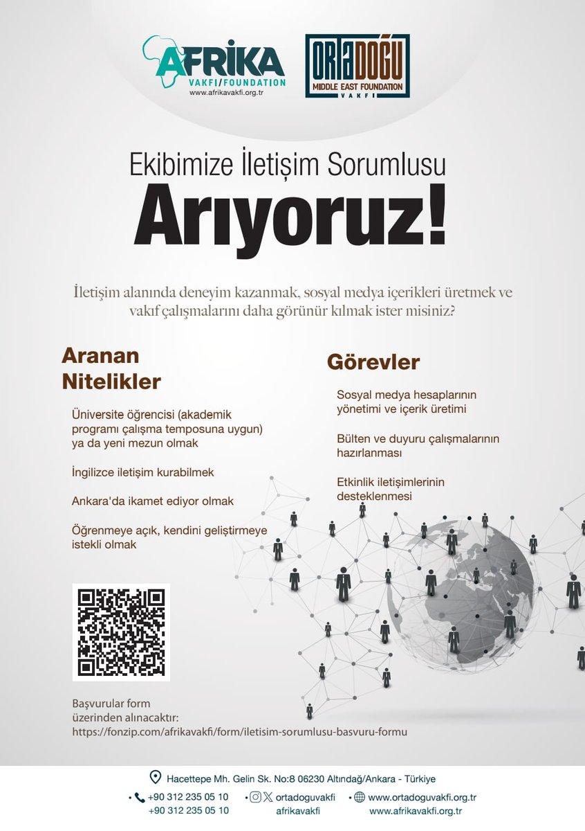 📢 Ekibimize İletişim Sorumlusu Arıyoruz! 

​İletişim alanında deneyim kazanmak, sosyal medya içerikleri üretmek ve vakıf çalışmalarını daha görünür kılmak ister misin? 

​Hemen başvur!
➡️ Başvuru Linki: fonzip.com/afrikavakfi/fo…