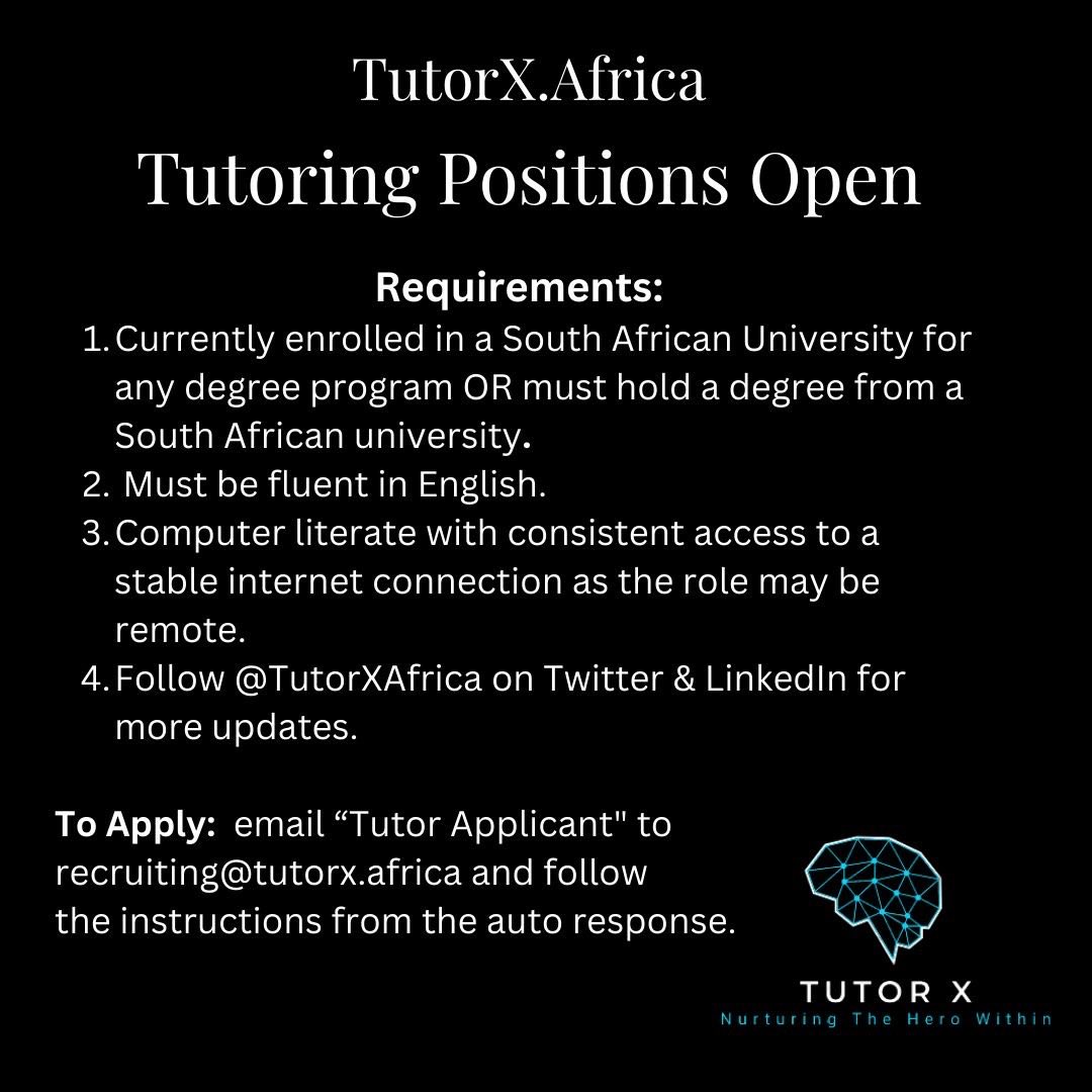 WeLoveHabibiz's tweet image. Physics, maths and Afrikaans tutor posts are now open. Please share:
For more info visit: tutorx.africa
#jobsearch #JobVacancy_Alert