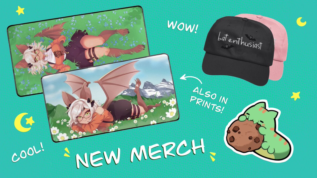 NEW MERCH AVAILABLE NOW!!! 
Beautiful deskmats and prints with art from the talented <a href="/theGraveyardCat/">GRAVE🖤ℝ𝔼𝔻𝔼𝔹𝕌𝕋 𝕊𝕆𝕆ℕ</a> and adorable Bean sticker by the wonderful <a href="/NikkeiNata/">Nikkei Nata🍃Tanuki Vtuber | Artist</a>! Bat hats by yours truly :D