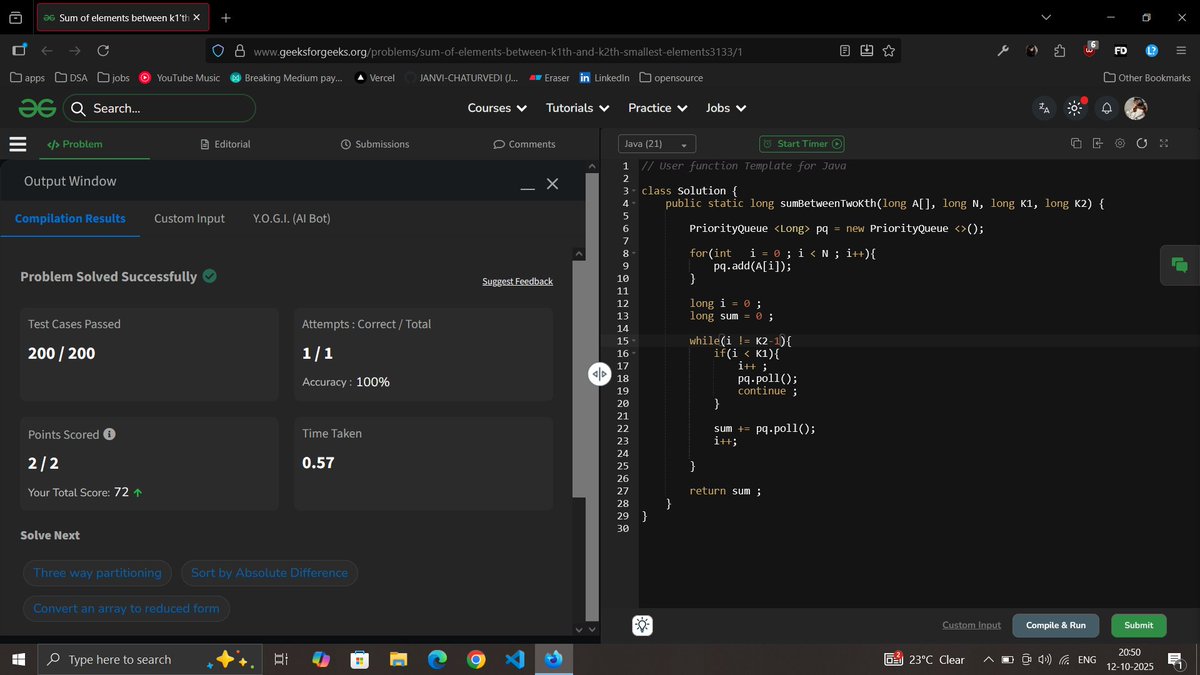 janvi_0x's tweet image. Today’s Progress Update

- Worked on my project: Vendor List, Vendor Detail &amp;amp; Product Detail views
- Solved DSA problems: Connect Ropes, Sum Between k1 &amp;amp; k2 Smallest
- Brainstorming on LeetCode 23: Merge k Sorted Lists

#100DaysOfCode #DSA #CodingJourney #StudentLife