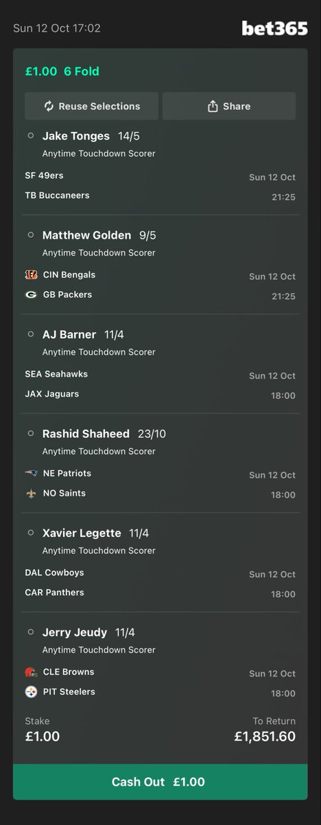 thetipsguide's tweet image. 1,850/1 MEGA LONGSHOT ANYTIME TOUCHDOWN ACCA 🏈

Load all selections to your slip...

Here 👉🏼 bit.ly/475NlmT

18+ gambleaware.org #AD T&amp;amp;Cs apply