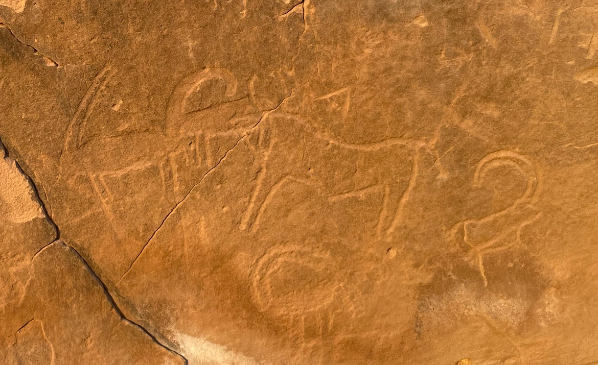 ياللروعه، نقش في احدى صحاري القصيم ينم عن مهارة انسان الجزيرة العربية في استخدام ادوات الحديد للنقر على الحجر. نقش ضبي ووعل وبقرة بيد انسان يعود ل 5000 عام. هنا كان العربي متحضرا ويعرف النقش والكتابة..كان انسان الجزيرة العربية يكتب و يرسم ولديه أبجدية للتعبير :صيد ورعي و أدب.