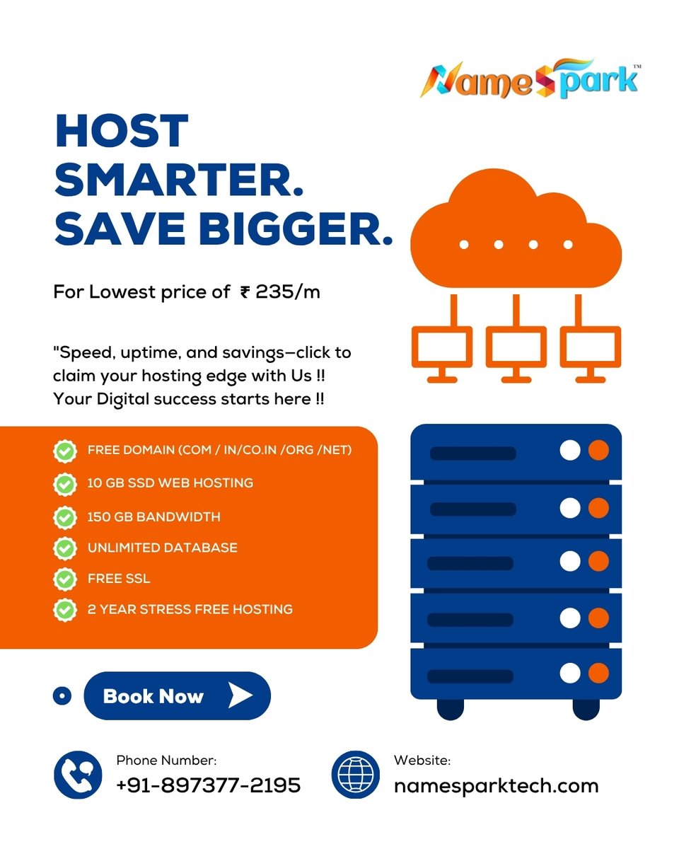 namesparktech's tweet photo. 🚀 Host Smarter. Save Bigger!!
Get blazing-fast SSD hosting for just ₹235/month!
✅ 10 GB Storage
✅ 150 GB Bandwidth
✅ Unlimited DB
✅ FREE SSL &amp; Domain
✅ 2 Yr of Stress-Free Hosting
 Your digital success starts here!
Book @ https://t.co/GGgI1g7sS1
#indiahosting  #freedomain https://t.co/Lw343mJXGP