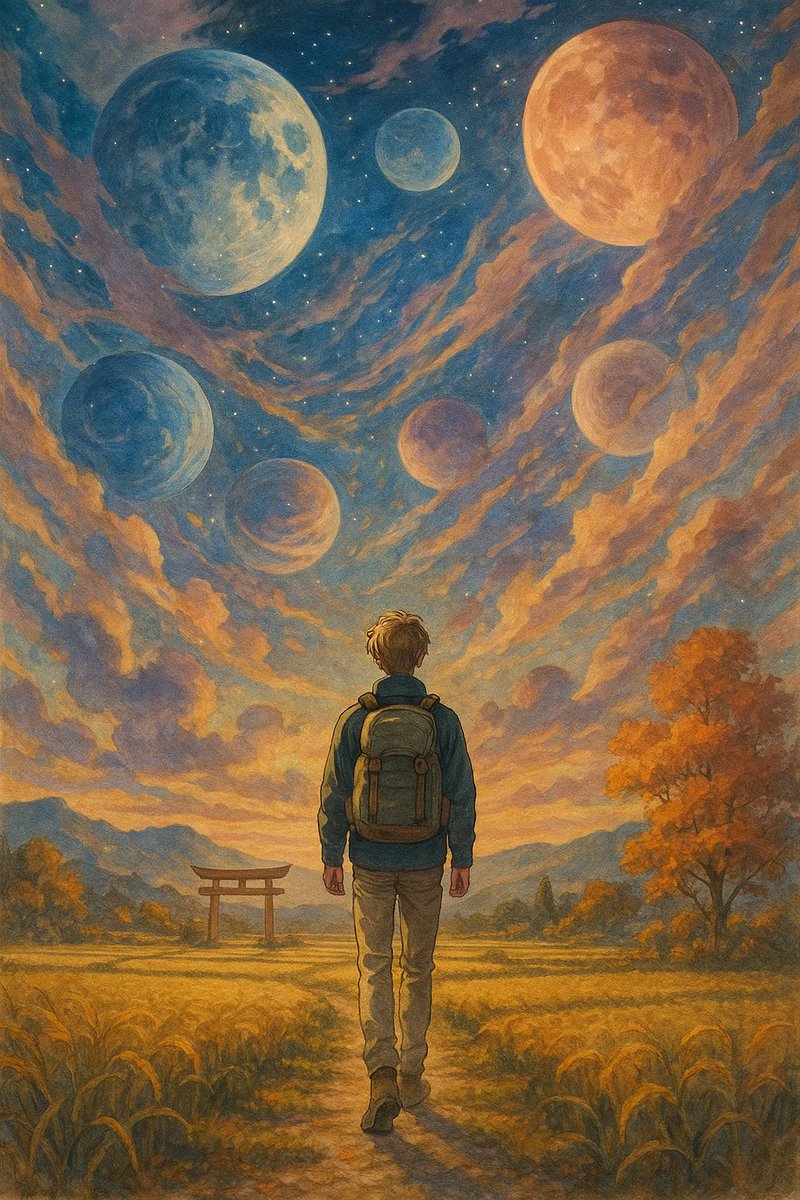 doc_bex's tweet image. こんにちはみなさん🌌✌🏻!

人生はいつもが旅。私は次の旅に緊張しています！

わたしは星がすきです？ はい、すきです 😁!

#旅 #星 #日本 #散歩 #夢 #アニメ #マンガ #自由 #ざつ旅  #銀河 #コスモス #AIイラスト #journey #hiking #stars #surrealism #japan #dream #liberty #anime #manga #AIart…