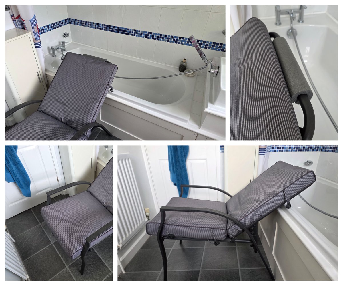 WildlifeLucy's tweet image. Initially, I could manage leaning over the bath to have it washed. Then even that required more stamina than I had. So this is my new set up. It’s very much a working prototype, but being able to lie back & have my weight fully supported is bliss. /2 #HairWash #pwME #pwLC