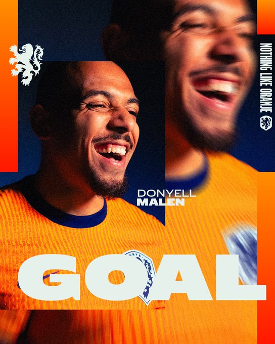 Split-view image of Donyell Malen, a smiling Black male footballer with short hair and beard, wearing an orange Netherlands national team jersey with blue accents and lion emblem, laughing joyfully in one side and facing forward in the other, bold orange text GOAL at bottom and DONYELL MALEN label, orange background with team branding.