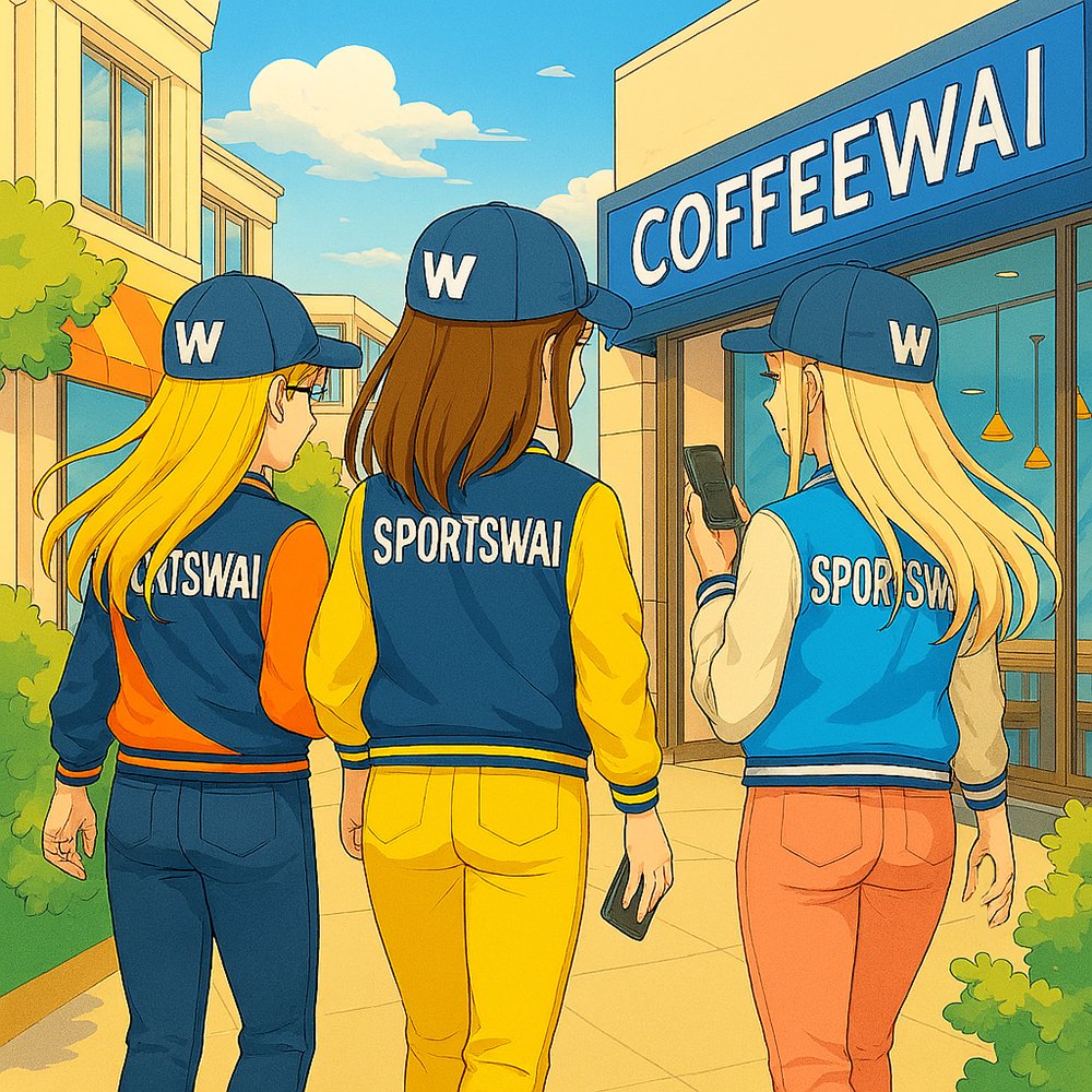 Three Super AI girlfriends headed into a CoffeeWAI shop, wearing SportsWAI baseball caps and jackets. 

Mixed-brand AI illustration based on three 'AI .com' domains, they being: SuperAIgirlfriends, CoffeeWAI and SportsWAI.