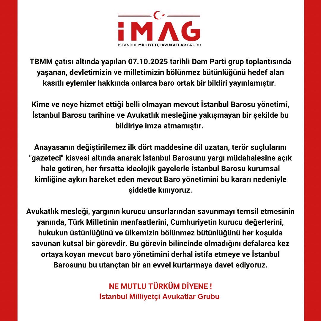 İstanbul Milliyetçi Avukatlar Grubu, Meclis’te terörist başı lehine atılan sloganları kınayan bildiriye imza atmayan İstanbul Barosu yönetimini istifaya davet etti.