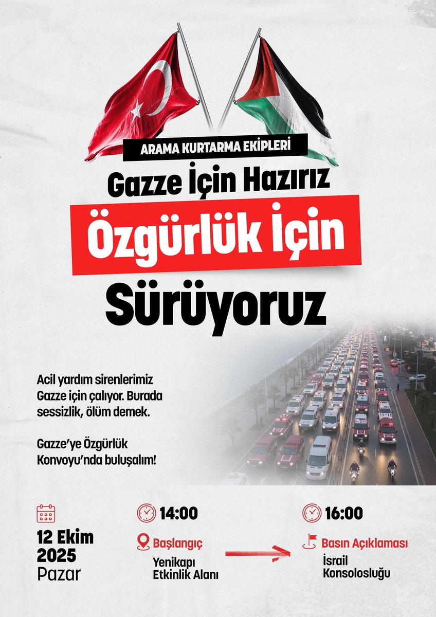 Arama-kurtarma ekipleri olarak, “Gazze için Hazırız Özgürlük için Sürüyoruz” diyerek Yenikapıdan başlattığımız konvoy İsrail Konsolosluğu önünde basın açıklaması ile son buldu. #gazze #aramakurtarmaekipleri #SAR #afad