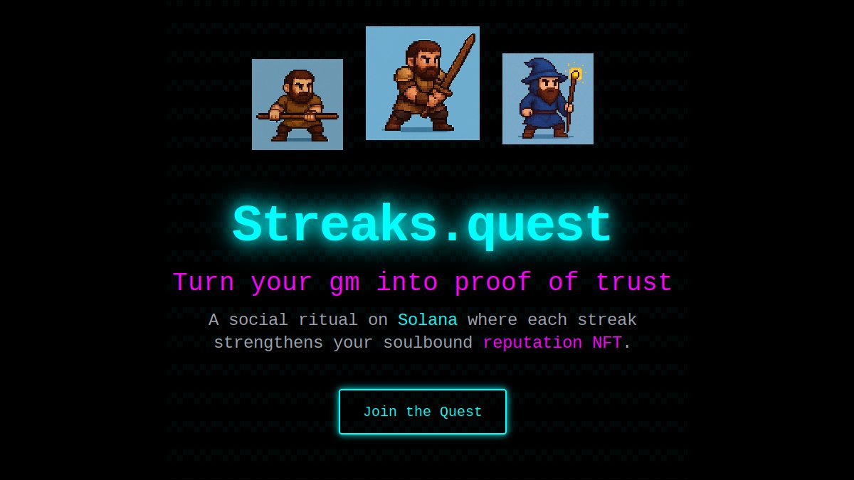 Every “gm” is a spark of connection ⚔️

Streaks.quest is where streaks forge reputation.
A small ritual, a game of trust.
Still early, still building, but I believe in it.
👉 game.streaks.quest
#Web3 #Solana #GameFi #Builders