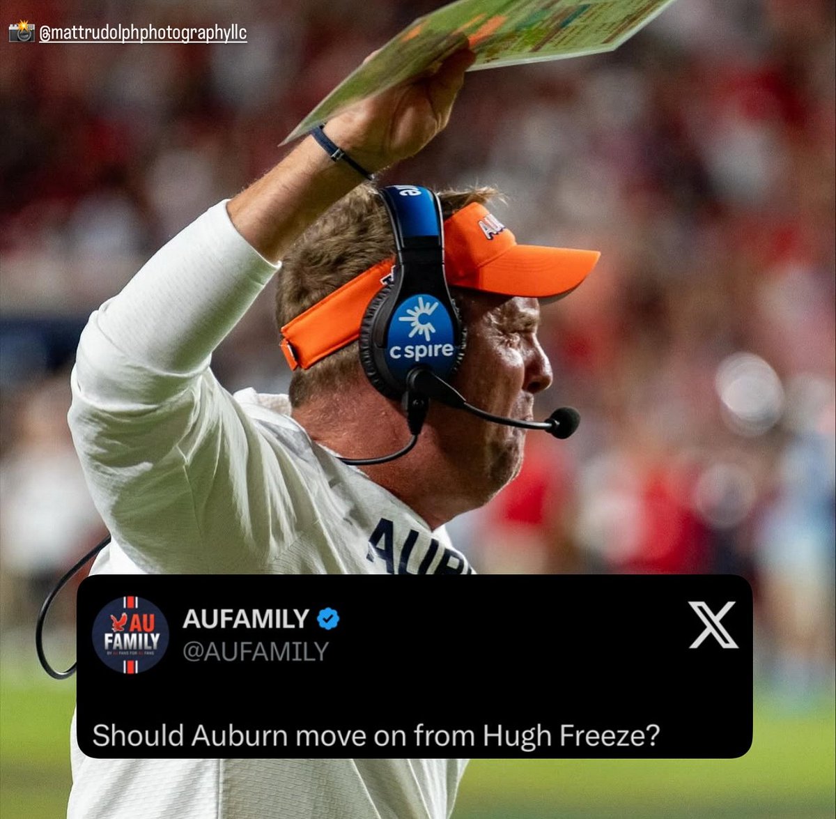 AUFAMILY (@aufamily) on Twitter photo POV consideration from the AUFAMILY.com message boards:
After the <a href="/SEC/">Southeastern Conference</a> Officiating debacle at the end of the second quarter, Freeze pivoted into victim mode vs. using the moment as a rallying cry. He had an entire pissed off stadium who were literally ready to POV consideration from the AUFAMILY.com message boards:
After the <a href="/SEC/">Southeastern Conference</a> Officiating debacle at the end of the second quarter, Freeze pivoted into victim mode vs. using the moment as a rallying cry. He had an entire pissed off stadium who were literally ready to