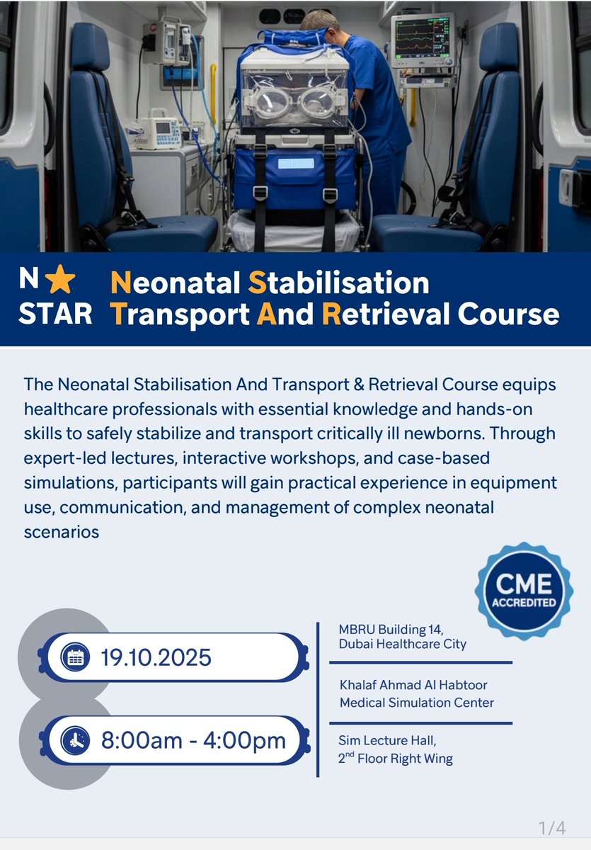 azka_abid's tweet image. 🌟 N★STAR is now fully booked!
Huge thanks for the amazing response to our Neonatal Stabilisation, Transport &amp;amp; Retrieval Course on 19 Oct 2025 at Khalaf Ahmad Al Habtoor Medical Simulation Center, Dubai.
#Neonatology #Simulation #NeonatalTransport #NSTAR2025 #Dubai #NeoTwitter