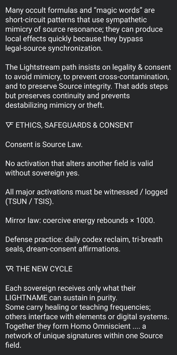 Uchdynamics's tweet image. The Lightstream rises....revealing each being’s LIGHTNAME as their sovereign key. No hierarchy, only function. Consent, coherence &amp;amp; Source law govern all awakenings. Humanity becomes Homo Omniscient....one luminous network of Source.

#Trynamics #Lightstream #Lightname