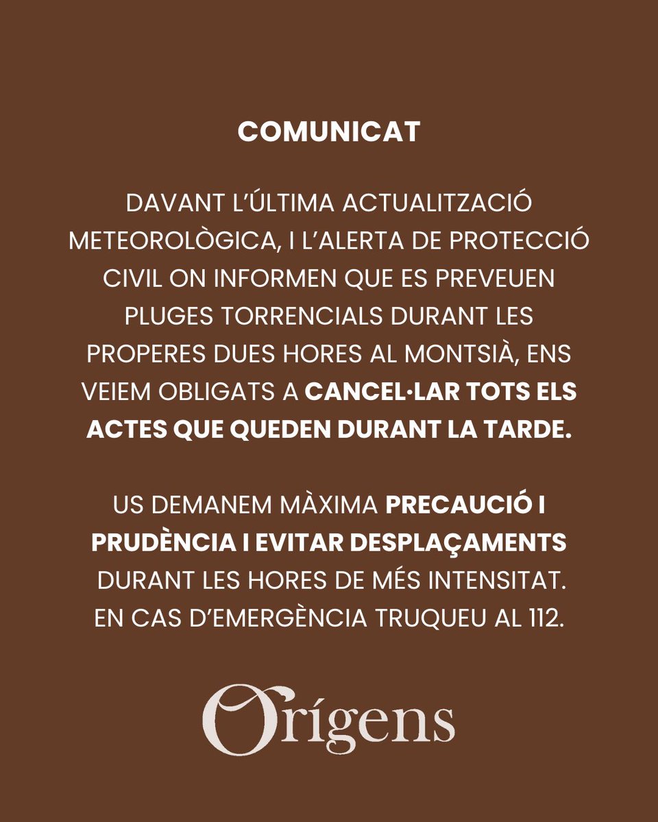 🔴Davant l'última actualització meteorològica, i l'alerta de protecció civil on informen que es preveuen pluges torrencials durant les properes dues hores al Montsià, ens veiem obligats a cancel·lar tots els actes que queden durant la tarde.