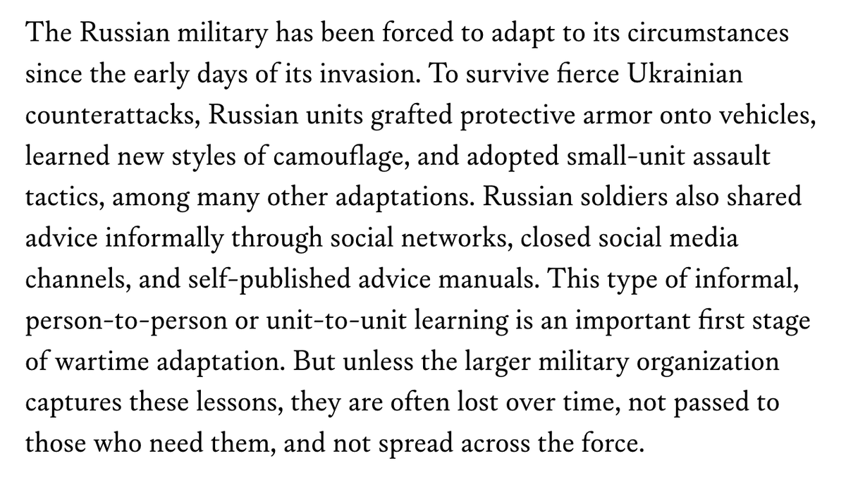 MazMHussain's tweet image. The Russian military made a point of documenting lessons learned from its disastrous initial launch of the Ukraine war and has now institutionalized that into an ongoing process of self-improvement, learnings from which they are allegedly also sharing with friendly countries like…