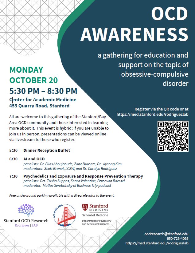RodriguezLabSU's tweet image. For #OCDweek we are excited to host our annual FREE OCD Awareness event (AI, psychedelics, &amp;amp; ERP)
@Stanford Center for Academic Medicine on Monday, October 20th 5:30-8:30pm!! (Hybrid)
Co-hosted w/ @IOCDF affiliate #OCD SF Bay Area and Dept of Psych 

Join us and register today👇