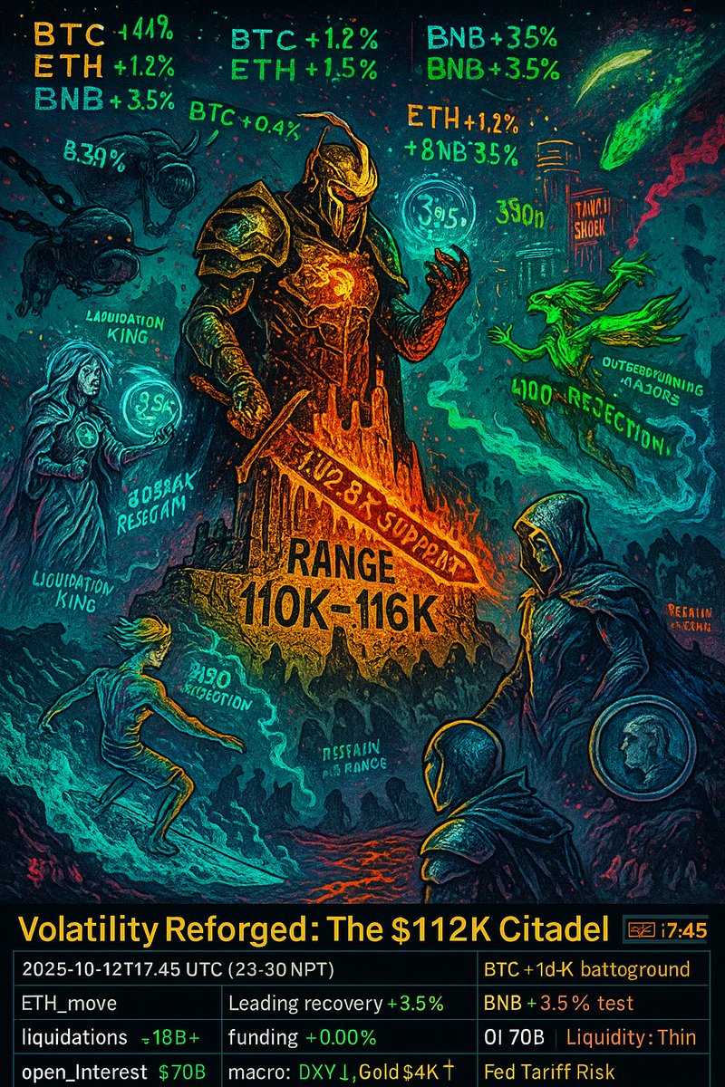 ShresthaSubik's tweet photo. Bitcoin rebuilds its blade at $112K — Ethereum sparks recovery, BNB rises like a jade phoenix.
Gold glows at $4K, DXY weakens.

The battlefield cools… but the range still breathes fire. https://t.co/wnB3yia0zU