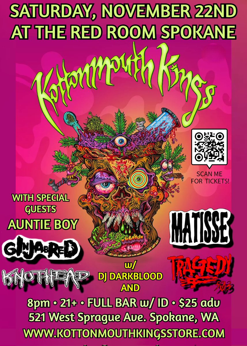 knotheadmusic's tweet image. 11/22 in #Spokane, WA
Kottonmouth Kings • #KNOTHEAD w/ Tragedy 503 • @GinjaBred_Tweet • @iyzlowmatisse • 21+ • $25 adv
Let's fucking go!!!
eventbrite.com/e/kottonmouth-…