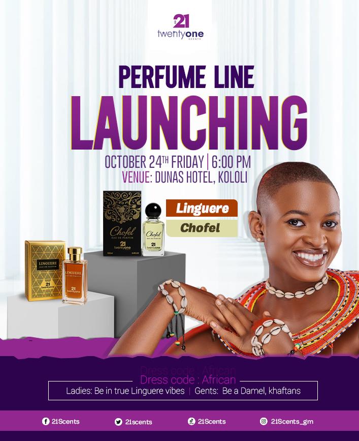 It’s time to smell like royalty &amp; confidence 💜✨
One feeling 😍
Endless elegance 😍

Join us as we launch the perfume line 21Scents💜
Be there as we unveil Linguere &amp; Chofel,  the essence of 21Scents.

📍Dunas Hotel, Kololi
📅 Friday, October 24th 
⏰ 6PM

#21Scents