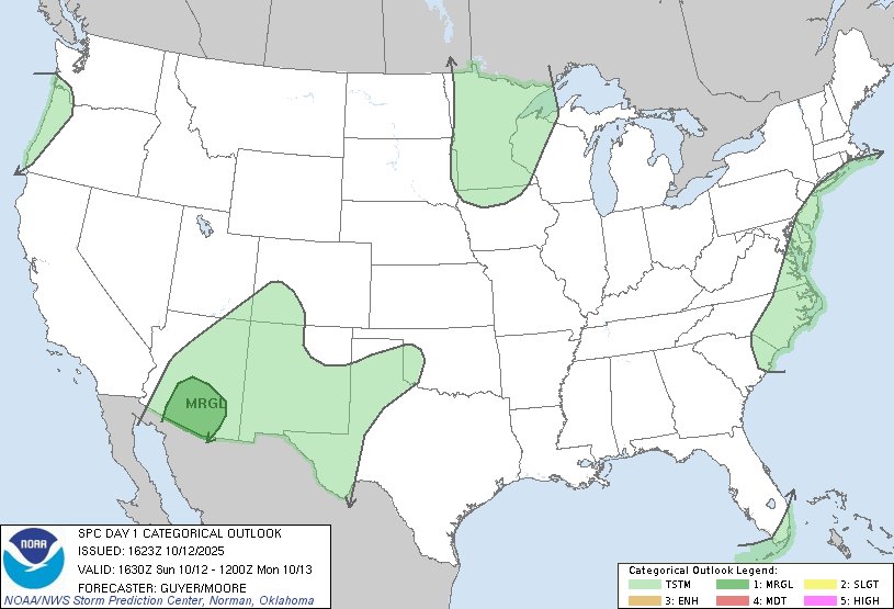 NWSSPC's tweet image. 11:25am CDT #SPC Day1 Outlook Marginal Risk: across southern and central Arizona spc.noaa.gov/products/outlo…