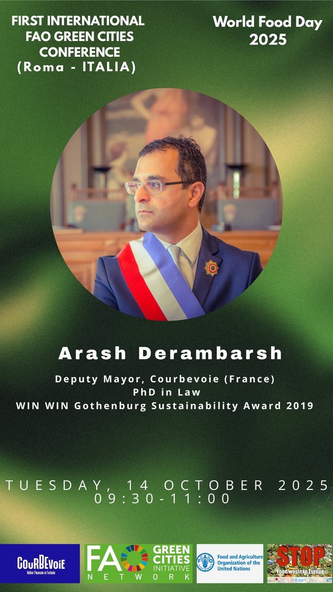 🇺🇳 Ce Mardi 14 octobre de 9h30 à 11h à l’invitation de la <a href="/FAO/">Food and Agriculture Organization</a> des Nations Unies à Rome (Italie), je m’exprimerai en tant que représentant de la <a href="/VilleCourbevoie/">Ville de Courbevoie</a> et élu français. 
Cette conférence internationale, qui regroupera près de 250 pays, s’inscrit dans la journée mondiale
