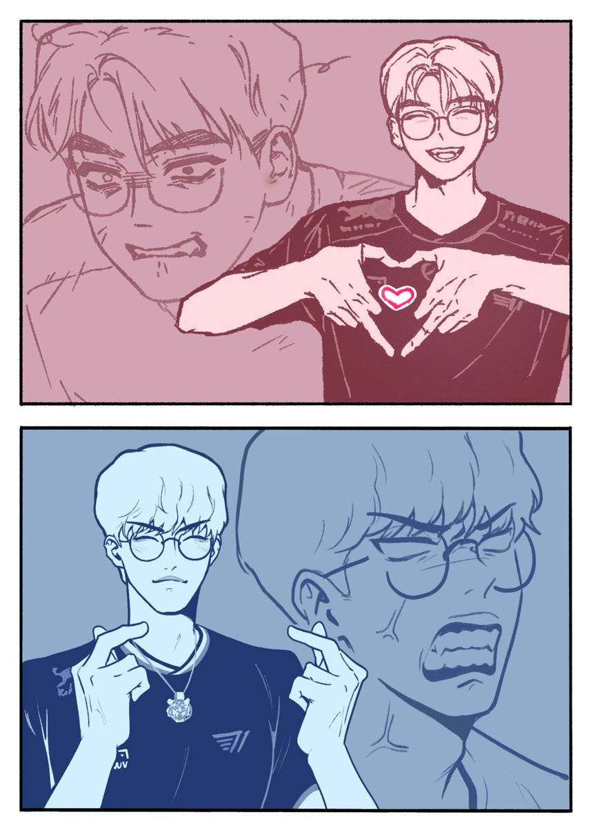 garlicalleat's tweet photo. 和 @r04d2nw 忍忍的合作繪！！😍😍
好愛這種搞笑梗圖 感謝忍忍答應我一起玩🌹

拖了好久終於畫完下野梗圖了（（
終於可以公布我倆暗通款曲藕斷絲連的關係了（扭

#Gumayusi  #Oner https://t.co/NchWjkb9TT