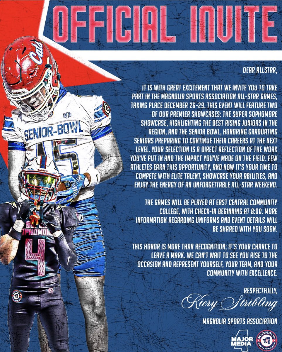 Blessed to be selected for the Magnolia Sports Association Senior Bowl! <a href="/MagnoliaAllstar/">Magnolia Sports Association</a> <a href="/MCHSjags39110/">MadisonCentralHS</a> <a href="/CoachT_Rob/">Terrance Robinson</a>