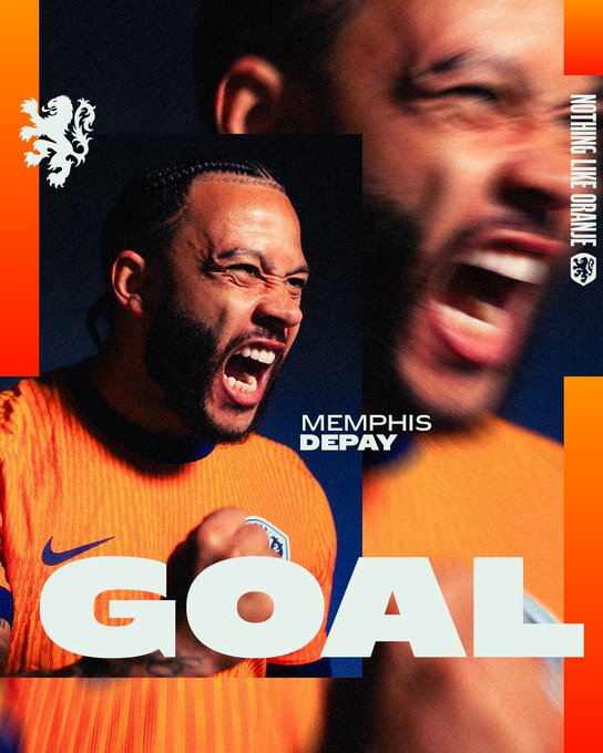 Dynamic graphic design in orange and black tones shows Memphis Depay in Netherlands soccer jersey with braided hair, shouting with intense expression and clenched fist in celebration. Bold white text GOAL overlays the image. Dutch lion emblem appears in top left. Text Memphis Depay is visible below. Background includes blurred action shot of Depay.