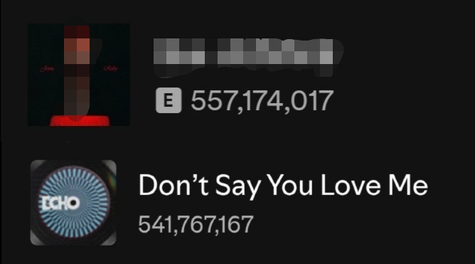 minygthv7's tweet image. Most streamed 2025 songs by K-Act on Spotify:

1.....— 557,174,017 (+1,402,992
2. DSYLM — 541,767,167 (+4,274,840)

Gap: 15,406,850 (-2,871,848)