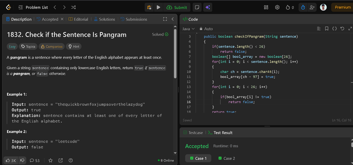 DilipKumar2410's tweet image. Solved today in Java: Check if the Sentence Is Pangram

Every day, one step closer to sharper logic and cleaner solutions.                                                                                                                    

#Java #Coding #Logic