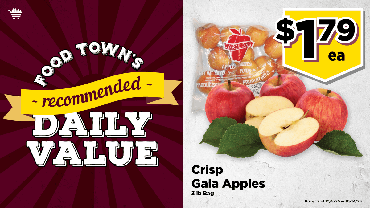 Food Town RDV: Crisp Gala Apples 3 Lb. Bag: $1.79 each. (Valid through 10/14/25). rdv #save #everydayvalues#foodtownhouston
