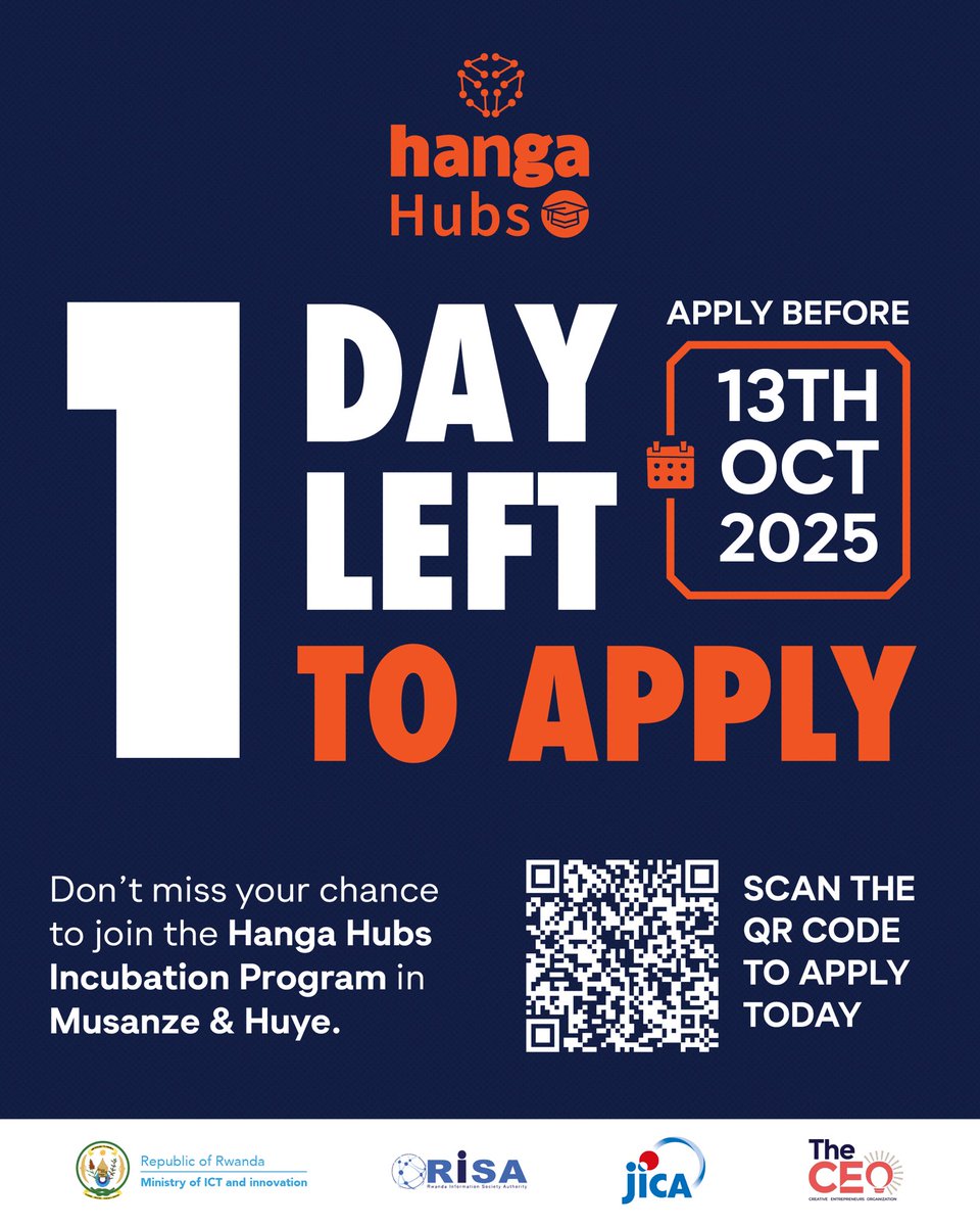 1 DAY LEFT! ⏰

Your last chance to apply for the Hanga Hubs Incubation Program! Gain access to workspace, mentorship, and seed funding to launch and grow your startup with real impact.

Apply today! 

@jicainrwanda <a href="/RISARwanda/">Rwanda Information Society Authority</a> <a href="/HubHuye2/">Huye Innovation Hub</a> <a href="/HubMusanze/">Musanze Innovation Hub</a> <a href="/Theceorw/">The CEO</a>